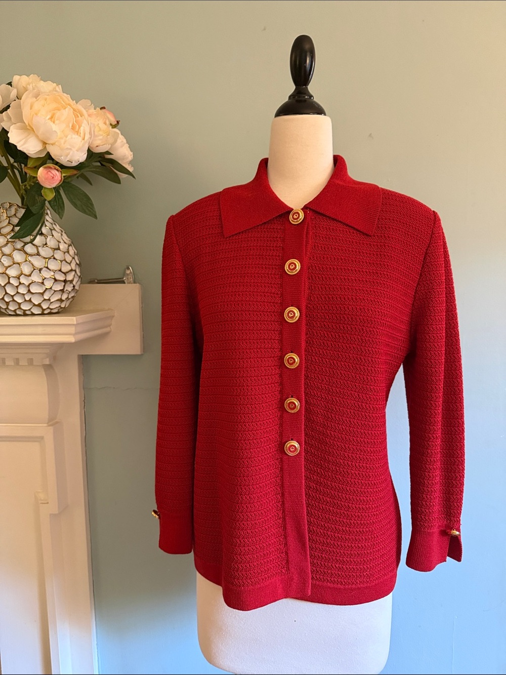 St. John Red Knit Button Front Cardigan - Size 2